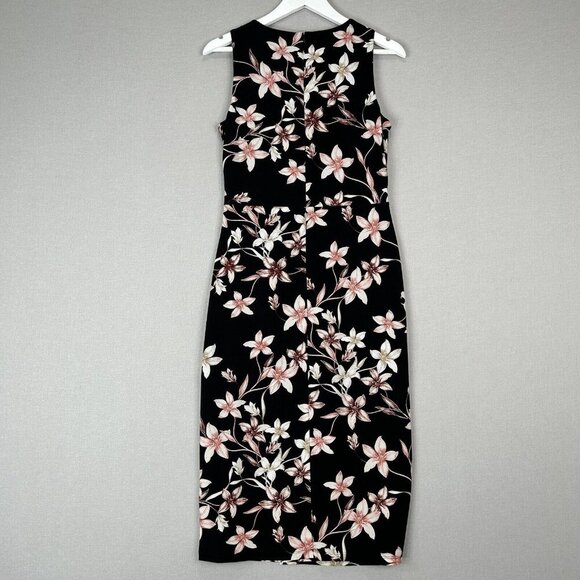 Lauren Ralph Lauren Womens Dress 8 Black Floral Midi Jersey Knot Mock Wrap Work - Picture 8 of 15